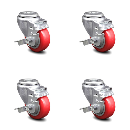 SERVICE CASTER 3 Inch Red Polyurethane Wheel Swivel Bolt Hole Caster Set with Brake SCC SCC-BH20S314-PPUB-RED-TLB-4